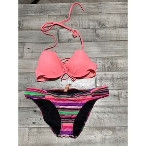 Victoria's Secret Neon Pink Push Up 34A Halter Bikini Set Striped Bottoms small